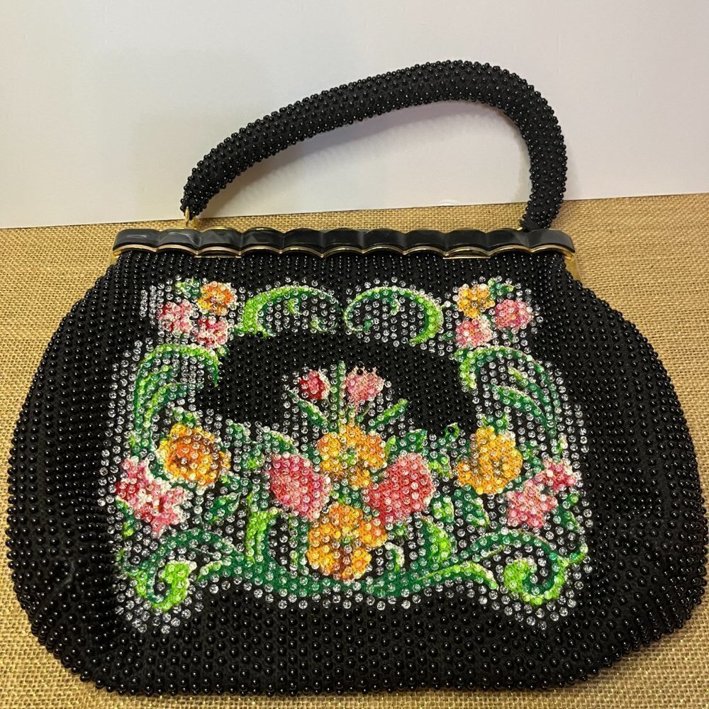 Vintage Rare Beaded Bag Black Floral Laura USA Purse - Picture 5 of 6